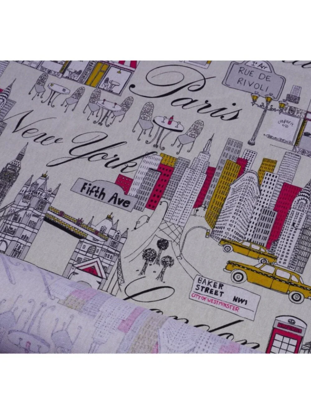 Kauffman Fabric Paris New York London 44” BTY Cityscape Cafe Taxi Travel - Picture 4 of 6